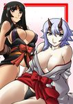  adapted_uniform aqua_eyes black_hair blue_eyes breasts cleavage cosplay costume_switch harada_shoutarou headband horns japanese_clothes large_breasts lavender_hair long_hair miko multiple_girls ninja queen's_blade shizuka_(queen's_blade) silver_hair tomoe 