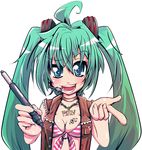  blue_eyes breasts cleavage fang green_hair hatsune_miku jewelry long_hair medium_breasts necklace pen solo tom_(drpow) twintails vocaloid 