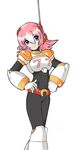  belt blue_eyes eyebrows eyebrows_visible_through_hair hair_between_eyes hands_on_hips headset keiteki long_hair nana_(rockman) pink_hair robot rockman rockman_x rockman_x_command_mission short_hair solo 