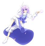  batsu blue_eyes capri_pants hand_behind_head hat highres holding lavender_hair letty_whiterock midriff navel pants purple_eyes short_hair simple_background skirt smile solo spell_card touhou 