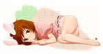  animal_ears ass bad_id bad_pixiv_id barefoot brown_eyes brown_hair bunny_ears bunny_tail carrot feet full_body inaba_tewi jewelry lying nagian on_side panties pendant polka_dot polka_dot_background short_hair solo tail touhou underwear 