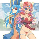  armor bikini_armor blue_eyes blue_hair blush buntan dragon_quest dragon_quest_iii elbow_gloves gloves hat helmet long_hair mitre multiple_girls priest_(dq3) purple_hair red_armor red_eyes soldier_(dq3) tabard 