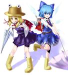  backpack bad_id bad_pixiv_id bag blonde_hair blue_eyes blue_hair boots bow cirno closed_umbrella eyes hair_bow hat highres moriya_suwako multiple_girls randoseru rubber_boots short_hair touhou tsukumizu_yuu umbrella wings yellow_eyes 