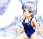  angel_beats! breasts checkered checkered_floor covered_nipples kgo long_hair medium_breasts one-piece_swimsuit partially_visible_vulva perspective ponytail school_swimsuit silver_hair solo swimsuit tenshi_(angel_beats!) wings yellow_eyes 