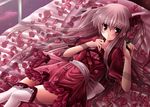  bad_id bad_pixiv_id bed copyright_request dress flower frills hair_ribbon highres kirihara_natsuki long_hair lying petals pillow pink_hair red_eyes ribbon rose solo thighhighs two_side_up 