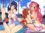  3girls ass bikini blue_hair cleavage large_breasts lying official_art open_mouth orange_hair pink_hair pool satou_kenetsu seikon_no_qwaser sendou_mutsumi swimsuit tanline tsujido_miyuri yamanobe_tomo 