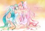  aqua_eyes aqua_hair barefoot dress ginshachi hatsune_miku headband hug kneeling legs long_hair magnet_(vocaloid) megurine_luka multiple_girls pink_eyes pink_hair very_long_hair vocaloid yuri 