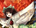  bad_id bad_pixiv_id black_wings bow brown_eyes brown_hair frills green_bow hair_bow long_hair mari_audio open_mouth outstretched_arms reiuji_utsuho shirt short_sleeves smile solo spread_arms touhou wings 