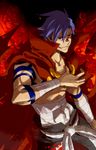  abitu belt blue_hair cape fire grin kamina male_focus red_eyes sarashi smile solo tattoo tengen_toppa_gurren_lagann 