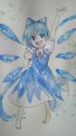  barefoot blue_eyes blue_hair bow cirno hair_bow short_hair solo touhou traditional_media wings yutapo 