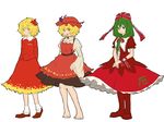  aki_minoriko aki_shizuha barefoot blonde_hair boots food front_ponytail fruit grapes green_hair hair_ornament hair_ribbon hat kagiyama_hina knee_boots leaf leaf_hair_ornament matsutani multiple_girls red_eyes ribbon short_hair siblings sisters touhou yellow_eyes 