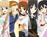  acoustic_guitar akiyama_mio bass_guitar black_hair blonde_hair blue_eyes braid brown_hair casual column_lineup food fruit grin guitar hairband headphones hime_cut hirasawa_yui hood hoodie instrument jewelry k-on! kotobuki_tsumugi listen!! long_hair multiple_girls nakano_azusa necklace one_eye_closed pantyhose saitoyu00 short_hair smile strawberry tainaka_ritsu twin_braids v 