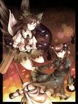  :3 animal_ears arm_cannon bow braid brown_hair cape cat_ears dress frills hair_bow kaenbyou_rin long_hair multiple_girls namuko red_eyes red_hair reiuji_utsuho ribbon skirt third_eye touhou twin_braids weapon wheelbarrow wings 