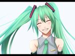  aqua_hair bare_shoulders blush closed_eyes detached_sleeves hatsune_miku head_tilt long_hair name_tag necktie shuugetsu_karasu simple_background smile solo teeth twintails vocaloid 