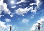  2girls bird blonde_hair blue_hair cloud condensation_trail day gen_(enji) green_hair highres macross macross_frontier multiple_girls ponytail ranka_lee saotome_alto scenery sheryl_nome sky 