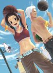  armband armpits arms_up basketball basketball_hoop belt black_hair brown_eyes cloud crop_top day dutch_angle k+ midriff navel open_mouth original pants sky tank_top twintails white_hair 