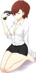  ;p bad_id bad_pixiv_id barefoot blouse blush breasts brown_hair buttons cleavage female_protagonist_(persona_3) gun gun_to_head hair_ornament hairclip handgun highres holding holding_gun holding_weapon lang_(chikage36) large_breasts looking_at_viewer one_eye_closed persona persona_3 persona_3_portable pistol red_eyes seiza short_hair simple_background sitting skirt sleeves_past_wrists smile solo thighs tongue tongue_out weapon 