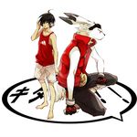  adidas arm_support bad_id bad_pixiv_id barefoot black_hair fingerless_gloves furry gloves goggles goggles_on_head grey_eyes hair_over_one_eye headphones ikezawa_kazuma jacket king_kazuma male_focus puffer_jacket red_eyes shorts simple_background sleeveless squatting summer_wars yone_(kaguudou) 