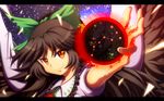  black_hair black_sun bow cape constellation foreshortening green_bow hair_bow letterboxed long_hair magic outstretched_arm parody qontamblue radiation_symbol red_eyes reiuji_utsuho smile solo star sun symbol-shaped_pupils touhou wallpaper wings 