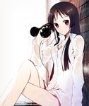  akiyama_mio bad_id bad_pixiv_id black_hair breasts cleavage crossed_legs headphones hime_cut k-on! long_hair machimura_komori medium_breasts red_eyes see-through sitting solo wet 