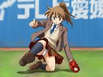  baseball baseball_mitt blue_neckwear brown_eyes brown_hair jacket legs lielos necktie original panties pantyshot poniko_(lielos) ponytail school_uniform solo sweater_vest underwear upskirt 