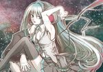  detached_sleeves green_eyes green_hair hatsune_miku headset long_hair navel necktie rasenbanjiki sitting skirt solo thighhighs very_long_hair vocaloid 