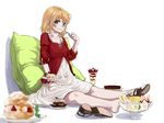  barefoot blonde_hair blue_eyes blurry cake cream_puff depth_of_field dress eating feet food food_on_face fork highres ice_cream ice_cream_on_face original parfait pillow plate pudding ryou@ryou sandals shoes short_hair single_shoe sitting solo 