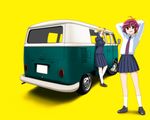  arms_behind_head bad_id bad_pixiv_id car ground_vehicle hand_on_head kanbara_satomi leaning motor_vehicle multiple_girls red_hair richard_crazyman saki senoo_kaori short_hair smile tsuruga_school_uniform van volkswagen 