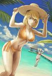  aqua_eyes ashley_graham bad_id bad_pixiv_id beach bikini blonde_hair breasts cleavage cloud day h-y-d hat large_breasts navel ocean outdoors pier regenerator resident_evil resident_evil_4 short_hair side-tie_bikini sky straw_hat sun_hat swimsuit water when_you_see_it 