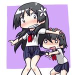  black_eyes black_hair blush chibi head_wreath long_hair moja_(gibson) multiple_girls o_o role_reversal sakugawa_school_uniform saten_ruiko school_uniform serafuku short_hair skirt skirt_tug to_aru_kagaku_no_railgun to_aru_majutsu_no_index uiharu_kazari 