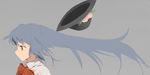  bangs black_hat blue_hair bow floating_hair food from_side fruit fruit_hat grey_background hat hat_loss hat_removed headwear_removed hinanawi_tenshi long_hair looking_afar mieharu peach portrait profile red_bow red_eyes red_neckwear simple_background solo touhou wind 