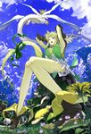  :d armpits arms_up bad_id bad_pixiv_id bare_legs blonde_hair blue_eyes blurry bow breasts cleavage day depth_of_field dragon flammie flower from_below hair_bow happy highres large_breasts legs long_hair long_legs nakabayashi_reimei nature one_eye_closed open_mouth riesz seiken_densetsu seiken_densetsu_3 sideboob sitting sky smile thighs very_long_hair 