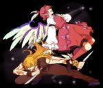  1girl ahoge bare_shoulders big_bang_beat blonde_hair crossover dagger dress dual_wielding emu_(losspass) full_body holding kneehighs m.u.g.e.n mystia_lorelei red_dress red_legwear single_wing tattoo thighhighs touhou weapon wings yami_no_agito zettai_ryouiki 