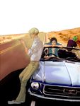  car ford ford_mustang ground_vehicle male_focus monkey_d_luffy motor_vehicle multiple_boys one_piece road roronoa_zoro sanji smoking 