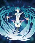  aqua_eyes aqua_hair bad_id bad_pixiv_id belt breasts detached_sleeves hatsune_miku hatsune_miku_(append) highres long_hair medium_breasts music navel necktie nnoa open_mouth singing solo tears thighhighs twintails underboob very_long_hair vocaloid vocaloid_append zettai_ryouiki 