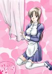  apron breasts brown_eyes brown_hair female gensou_suikoden gensou_suikoden_i long_hair maid maid_apron maid_uniform miyaky sarah_(suikoden_i) sitting socks solo suikoden suikoden_i thigh-highs thighhighs uniform 