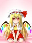  alternate_hairstyle bed blonde_hair flandre_scarlet hanazome_dotera hat long_hair sitting solo touhou v_arms wings 