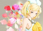  aqua_eyes blonde_hair flower hair_ornament hair_ribbon hairclip headphones kagamine_rin portrait ribbon short_hair solo umesuki vocaloid 