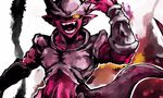  arm_guards collarbone dragon_ball dragon_ball_z helmet janemba no_humans open_mouth pink_skin pointy_ears red_skin sayakata_katsumi sharp_teeth simple_background smile solo teeth white_background 