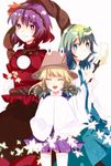  aya_mizu blonde_hair blue_eyes detached_sleeves frog green_hair hair_ornament hat kochiya_sanae leaf_hair_ornament moriya_suwako multiple_girls purple_eyes purple_hair short_hair snake touhou yasaka_kanako 