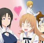  3girls black_hair blonde_hair blue_eyes blush brown_hair heart long_hair multiple_girls ribonzu satou_jun shirafuji_kyouko short_hair smile taneshima_popura todoroki_yachiyo turn_pale waitress working!! 