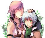  1boy 1girl bare_shoulders couple eyes_closed female final_fantasy final_fantasy_xiii green_eyes hope_estheim jacket lightning_(ff13) lightning_farron long_hair lowres male miso_katsu pink_hair short_hair sleeveless sleeveless_turtleneck turtleneck white_hair 