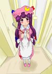  :&lt; absurdres apron blush crescent hat highres jewelry ladle long_hair matatabeat patchouli_knowledge purple_eyes purple_hair ring slippers solo touhou 