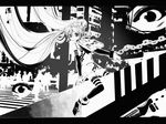  chain cuffs detached_sleeves greyscale handcuffs happy_very_happy_(vocaloid) hatsune_miku letterboxed lock long_hair monochrome padlock pinocchio-p ringed_eyes sitting smile solo striped thighhighs twintails very_long_hair vocaloid zettai_ryouiki 