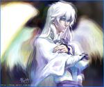  1boy artist_request blue_eyes card_captor_sakura male male_focus solo white_hair wings yue yue_(ccs) 