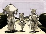  bad_id bad_pixiv_id chen holding_hands monochrome multiple_girls nagio touhou yakumo_ran yakumo_yukari yellow 