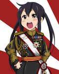  aiguillette bad_id bad_pixiv_id belt black_hair blush_stickers brown_eyes commentary himeshima_koukichi imperial_japanese_army japan k-on! long_hair medal military military_uniform nakano_azusa open_mouth round_teeth sash solo teeth twintails uniform 