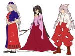  asymmetrical_clothes black_eyes black_hair blue_eyes boots bow braid branch cigarette fujiwara_no_mokou hair_bow houraisan_kaguya jeweled_branch_of_hourai long_hair matsutani multiple_girls pants red_eyes silver_hair suspenders touhou yagokoro_eirin 