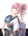  aqua_eyes bad_id bad_pixiv_id fan floral_print flower hair_flower hair_ornament head_tilt highres japanese_clothes kimono kyuu_umi lips long_hair megurine_luka paper_fan pink_hair solo uchiwa vocaloid 