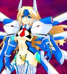  1girl arc_system_works blazblue blonde_hair blue_eyes female goshu long_hair mecha_musume midriff mu-12 shoulder_pads solo thigh-highs thighhighs tiara 